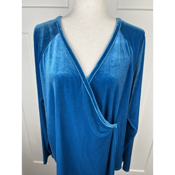The Limited Tops - Jewel Tone Teal Blue Velour Faux Wrap Top Long Sleeve Soft Drape Party Date